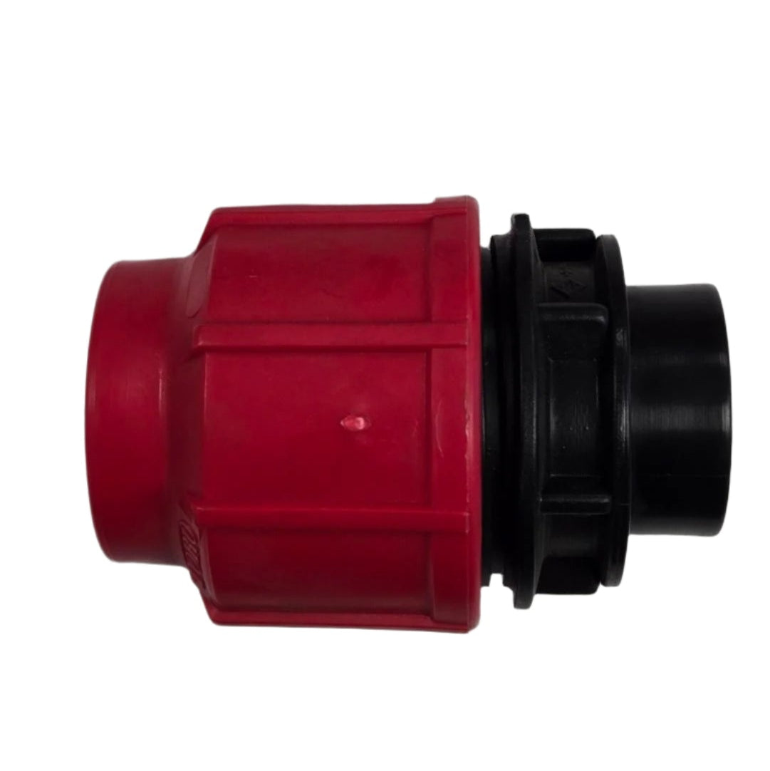 Red and black plastic fitting on a white background