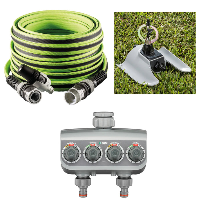 Set & Forget Garden Bundle | Sprinkler | 20m Hose | 2 Outlet Timer