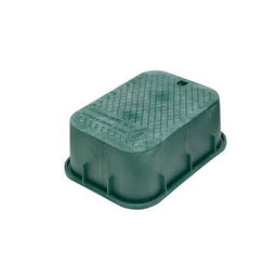 A green Dura Plastic Products valve box designed for irrigation control valves.